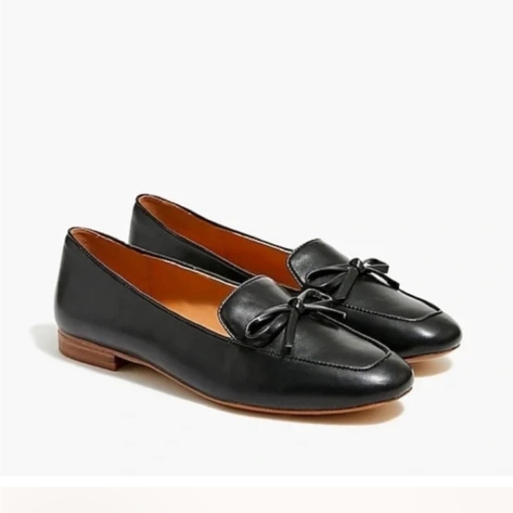 J. Crew Black Leather Loafers with Bow Detail
